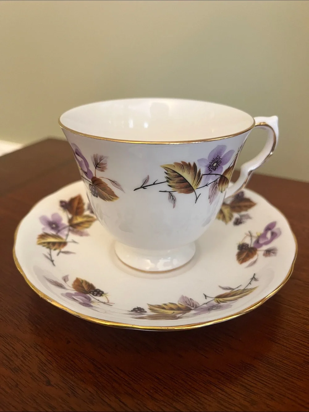 Queen Anne Purple Brown Floral Bone China Teacup & Saucer Made in England 8344